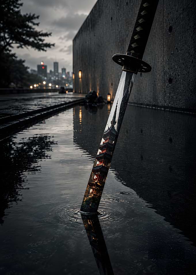 Katana Blade Reflecting Japanese Pagoda