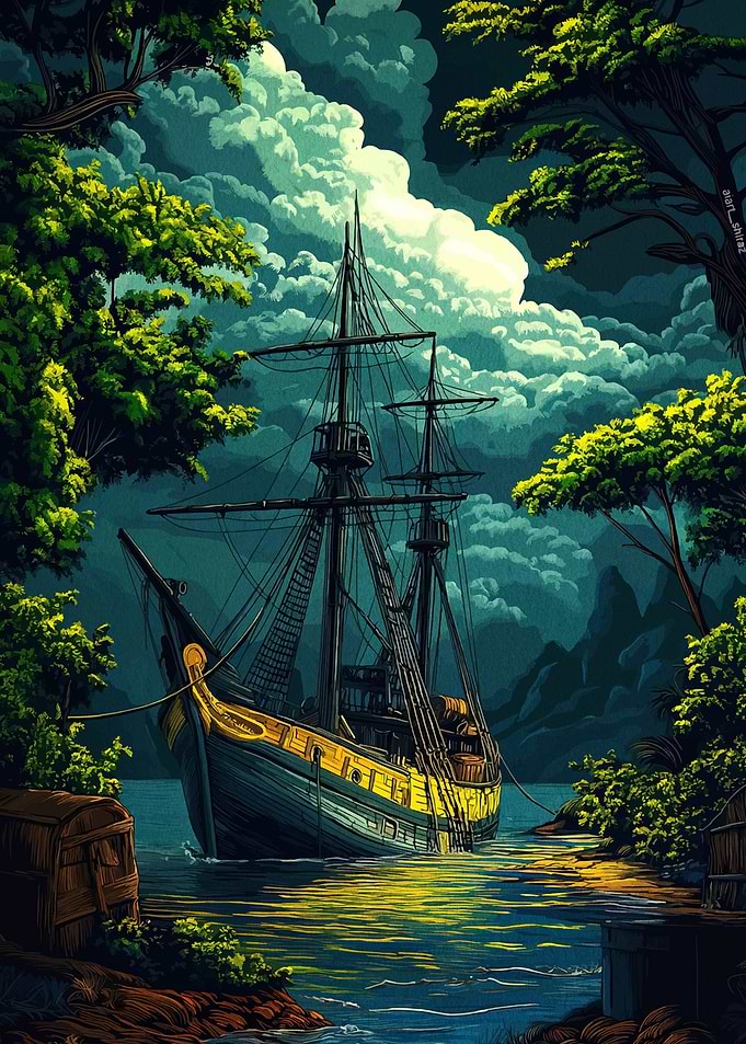 Sailing Ship Anchored in Tropical Cove