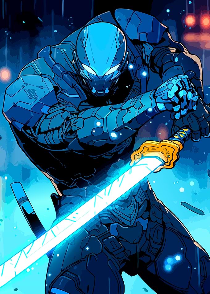 Cybernetic Samurai Warrior with Glowing Sword