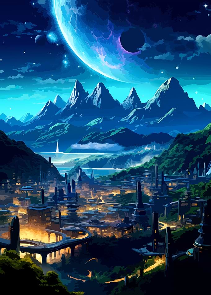 Futuristic Alien City Under Giant Moon
