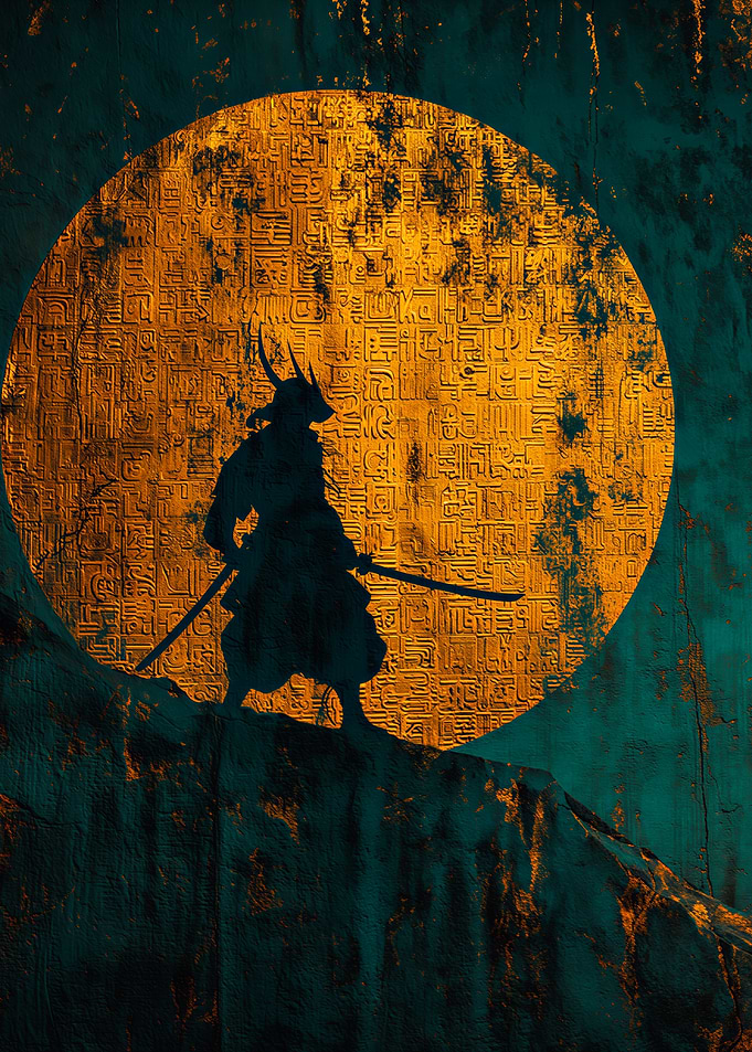 Japanese Samurai Silhouette Standing Before Golden Moon