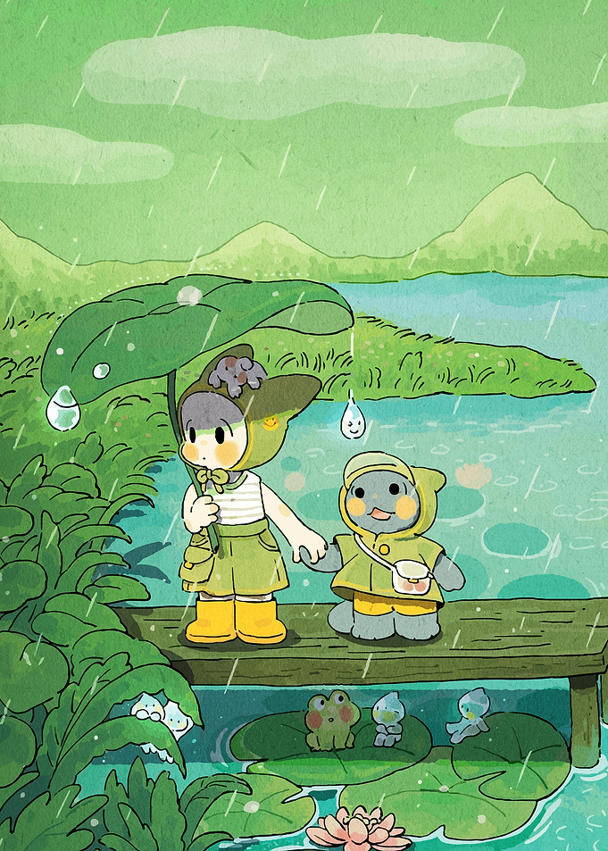 Cute Characters Walking in the Rain