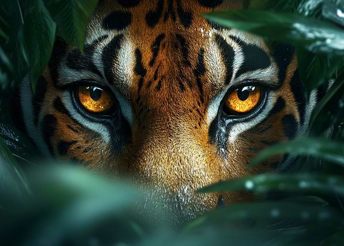 Tiger Eyes Peering Through Jungle Foliage