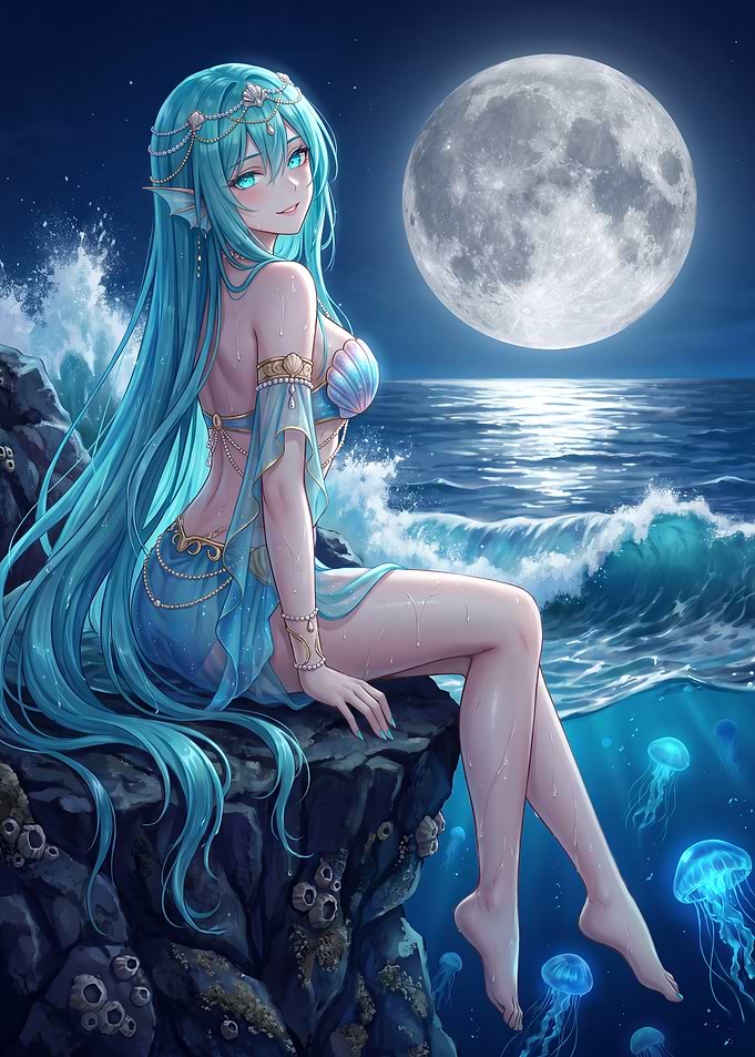 Beautiful Mermaid Under Full Moon