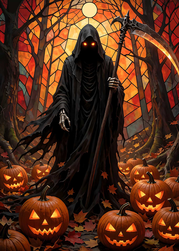 Grim Reaper with Jack-o'-lanterns in Forest