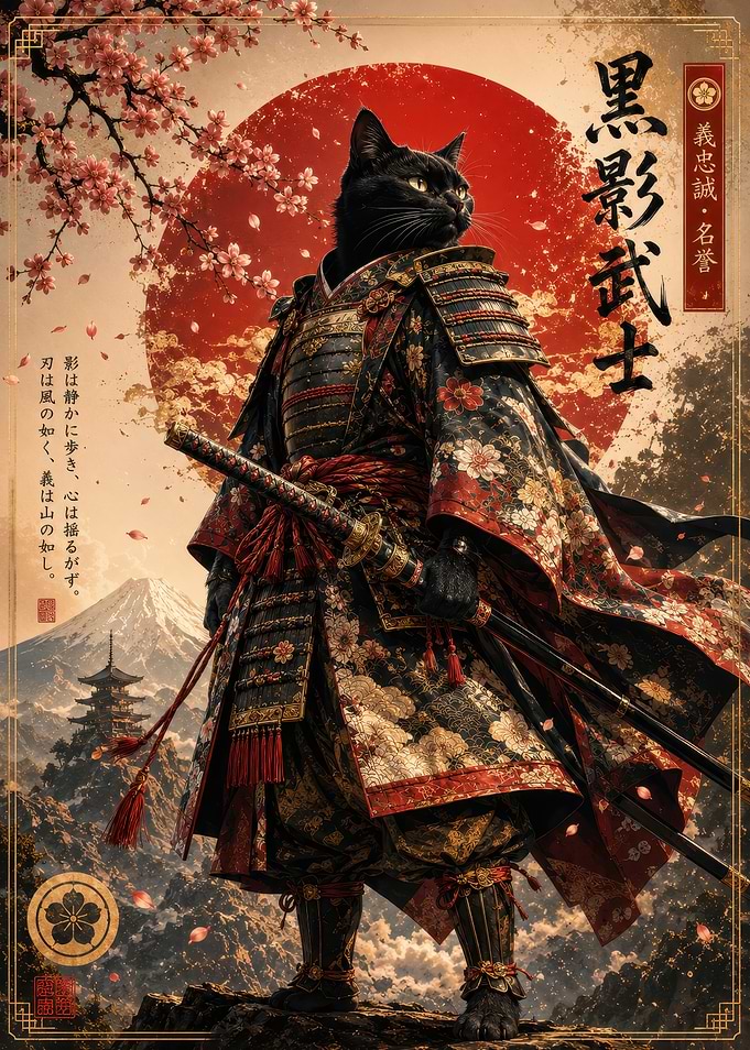 Black Cat Samurai Warrior Poster
