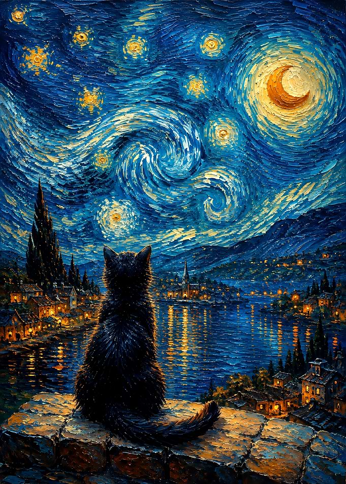 Black Cat Watching Starry Night