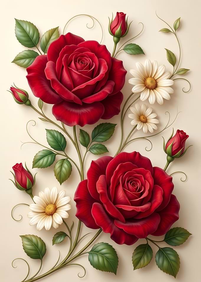 Elegant Red Roses and White Daisies