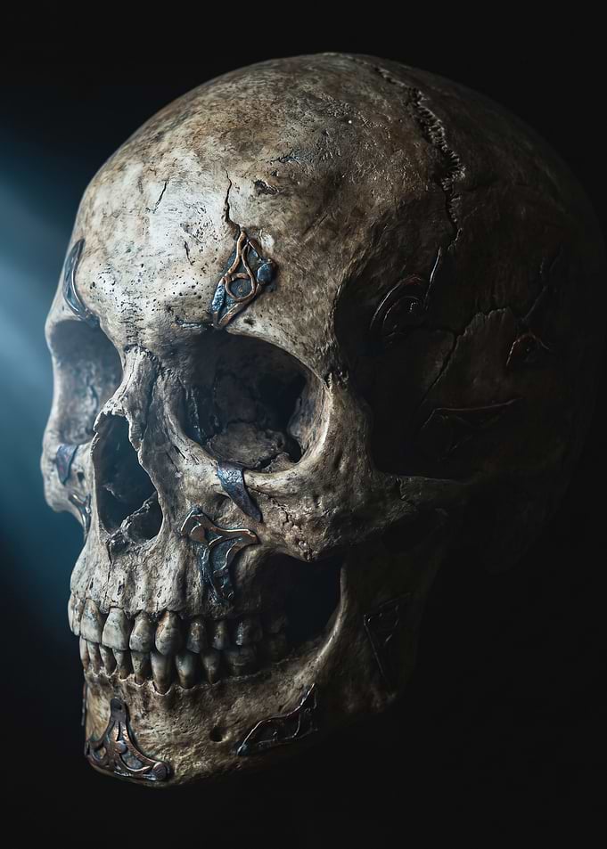 Ancient Skull with Ornate Metal Inlays