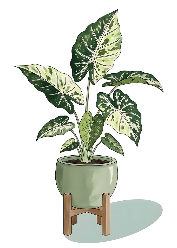 Alocasia Frydek Variegata Illustration – Tropical Houseplant Art