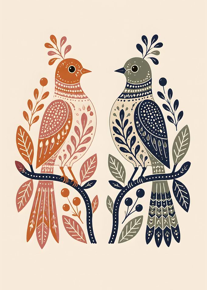 Nordic Avian Serenade - Botanical Folk Birds