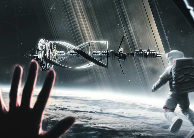 Astronaut Reaching for Space Station