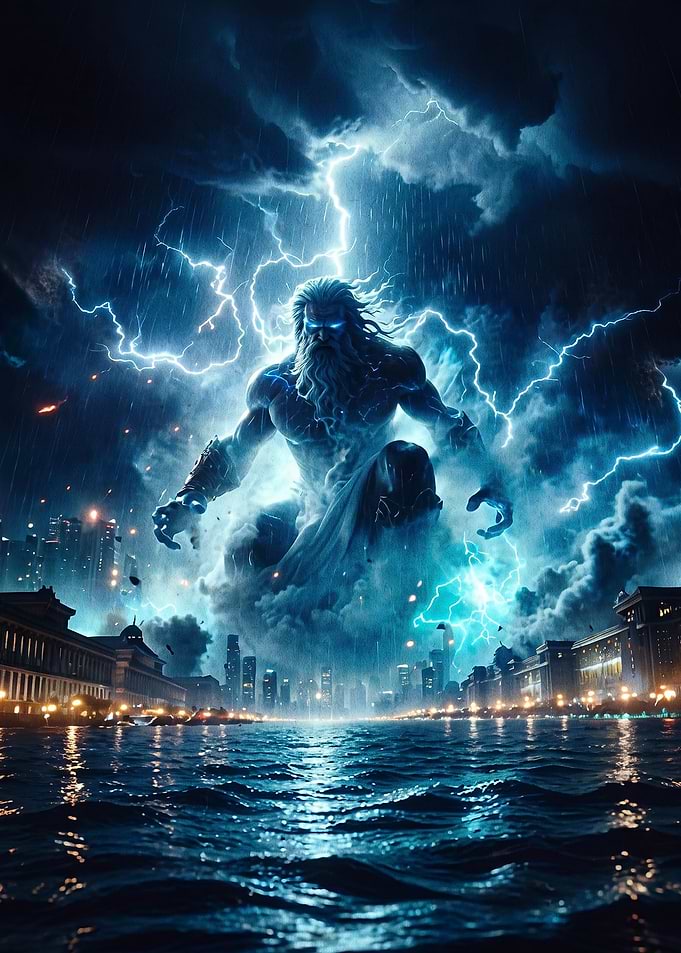 Zeus Summoning Lightning Over City