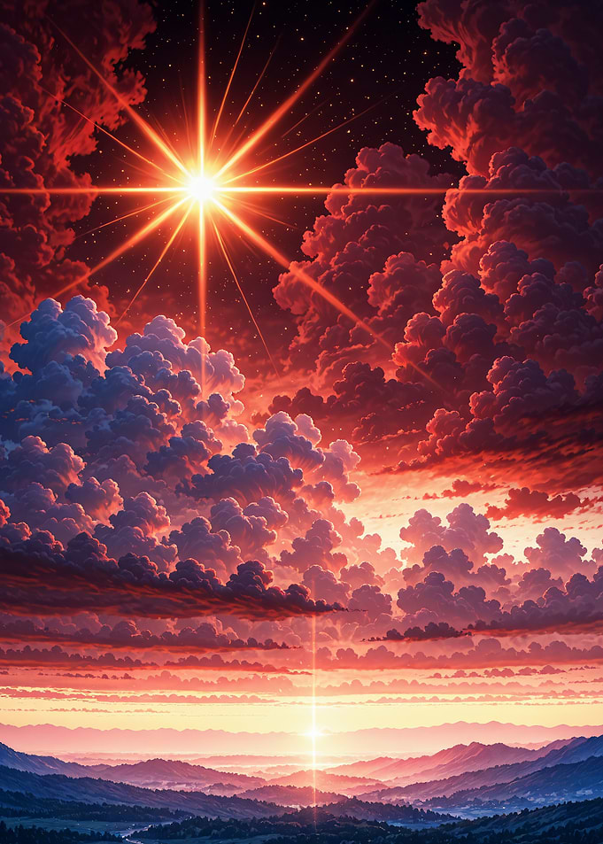 Radiant Starry Sunset Over Mountains Sky Landscape