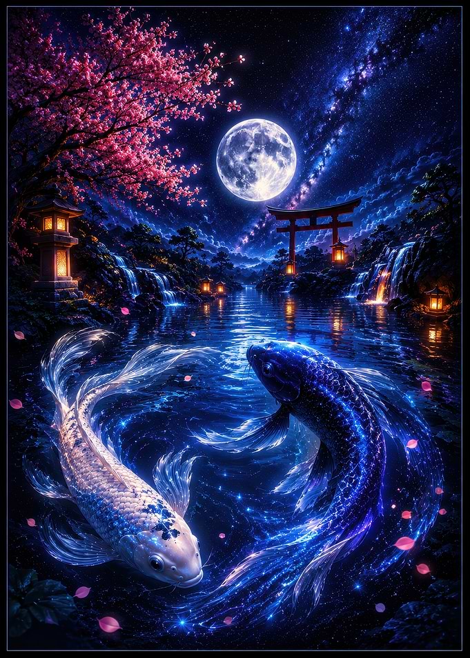 Celestial Koi Pond Under Full Moon
