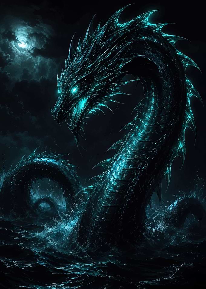 Bioluminescent Sea Serpent in Moonlight