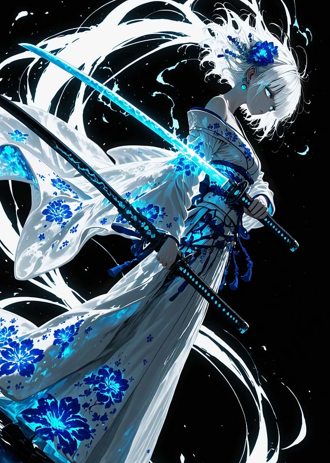 Anime Warrior with Glowing Blue Swords