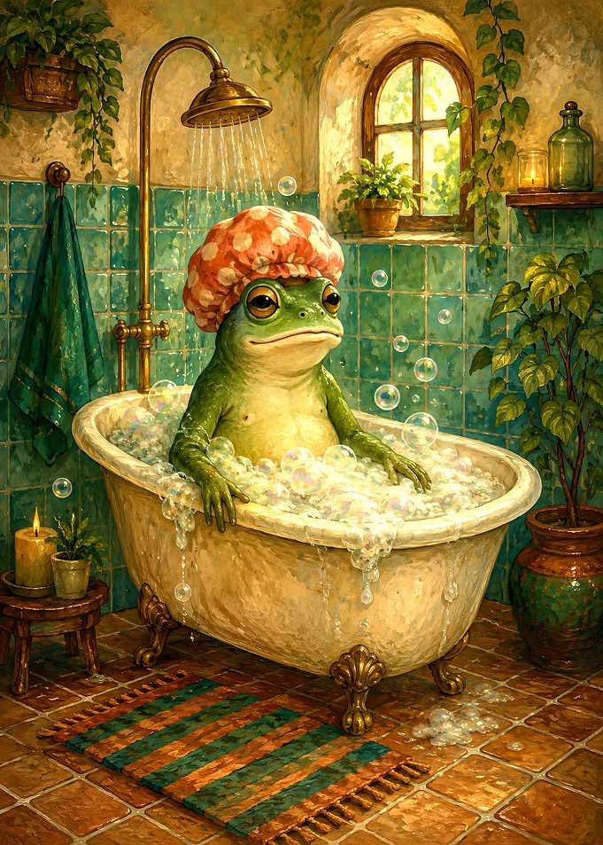 Frog Taking a Relaxing Bubble Bath