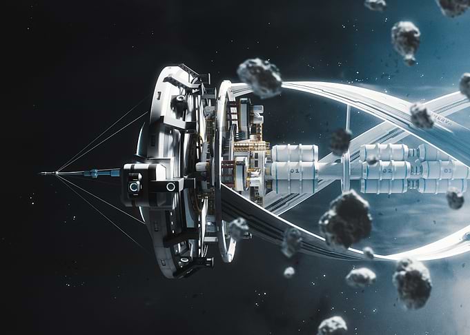 Futuristic Space Station Among Asteroids