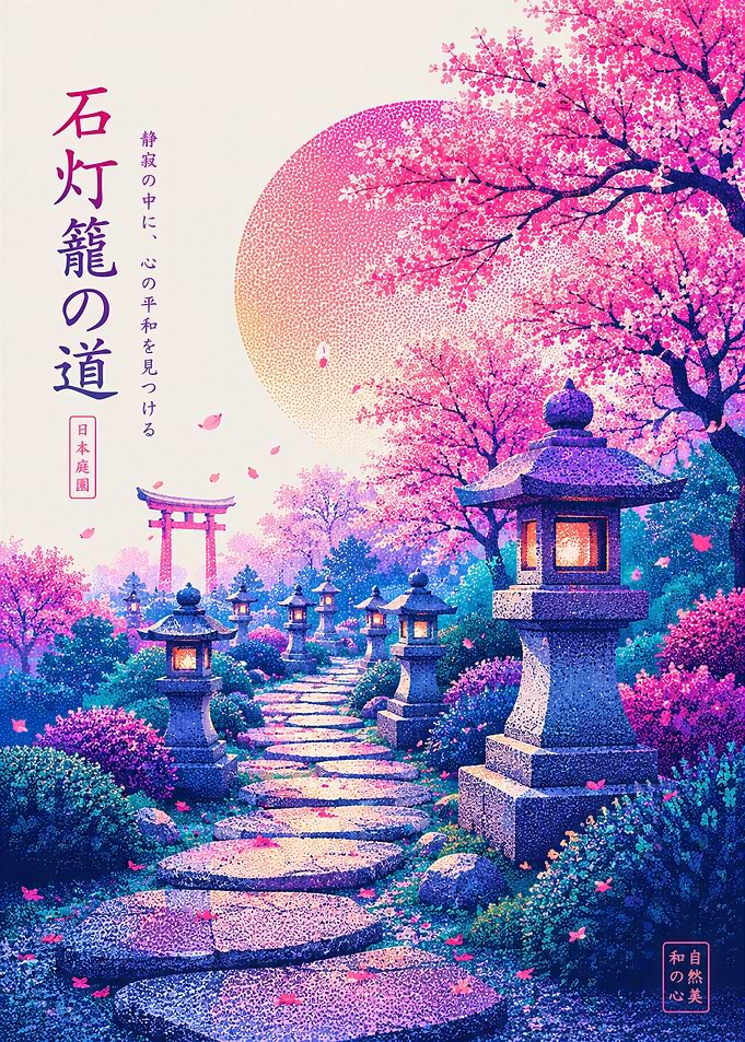 Sakura Lantern Path - Japanese Stone Lantern Garden