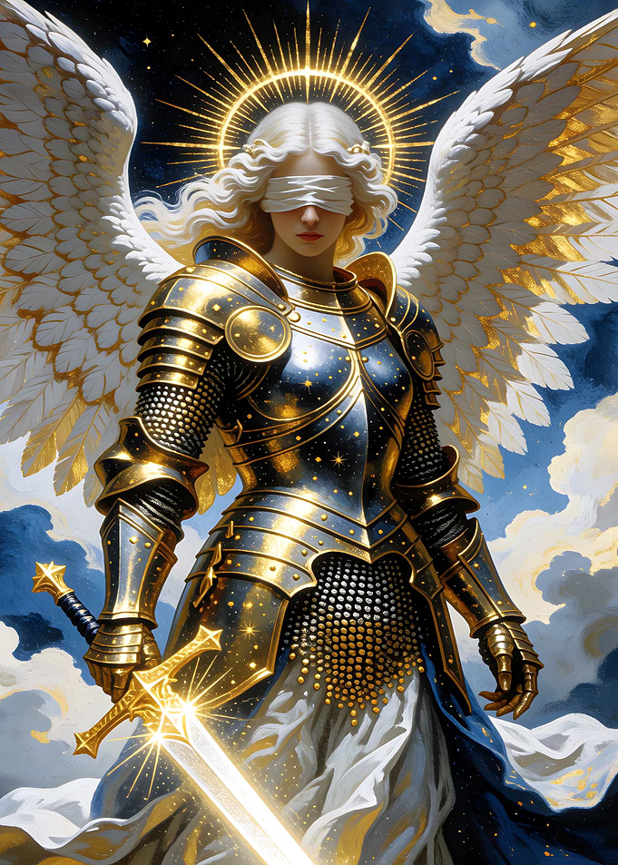 Blindfolded Angel Warrior in Armor with Sword