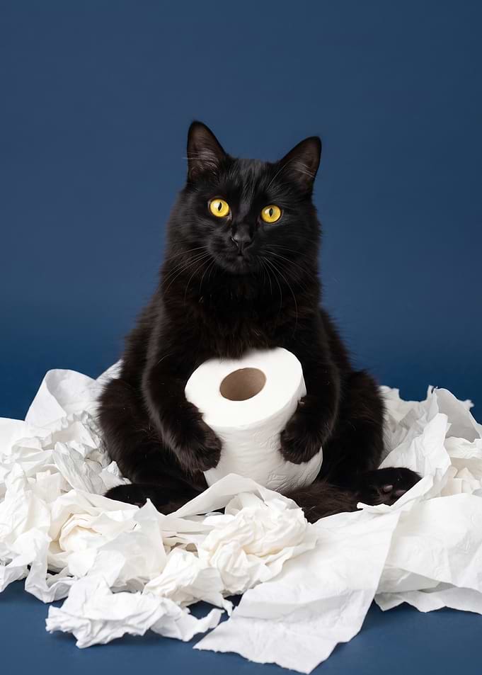 Black Cat Holding Toilet Paper Roll
