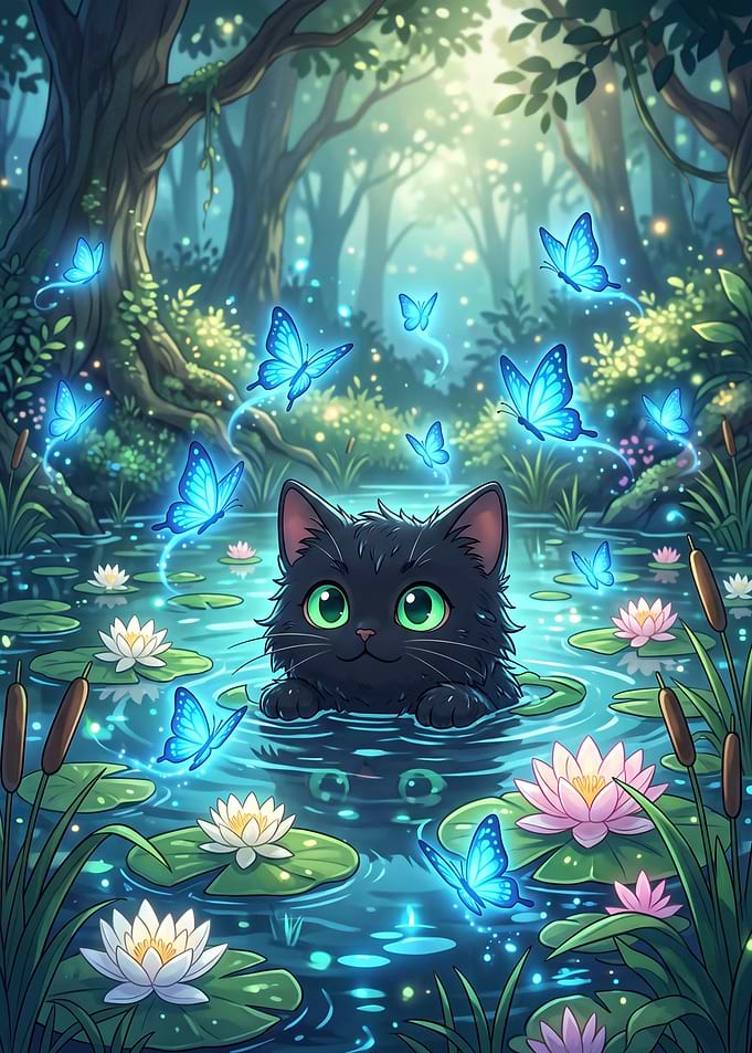 Black cat in a lily pond and butterflies