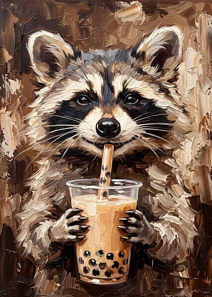 Raccoon Drinking Boba Oil Painting