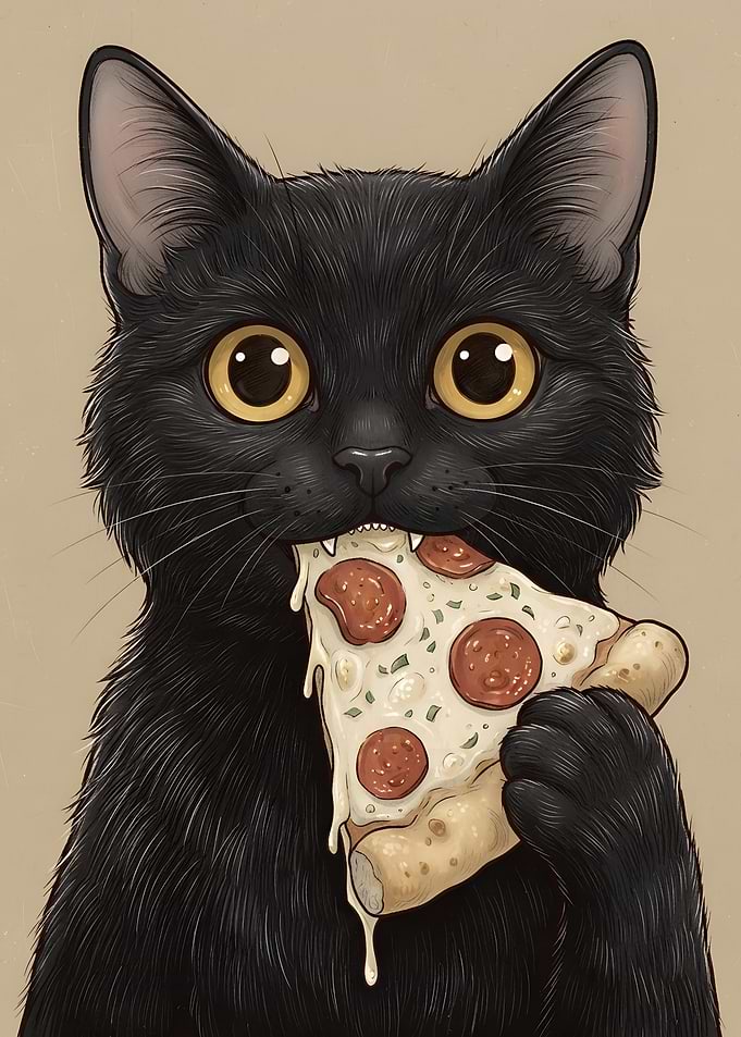 Black Cat Eating Pepperoni Pizza Slice Cats