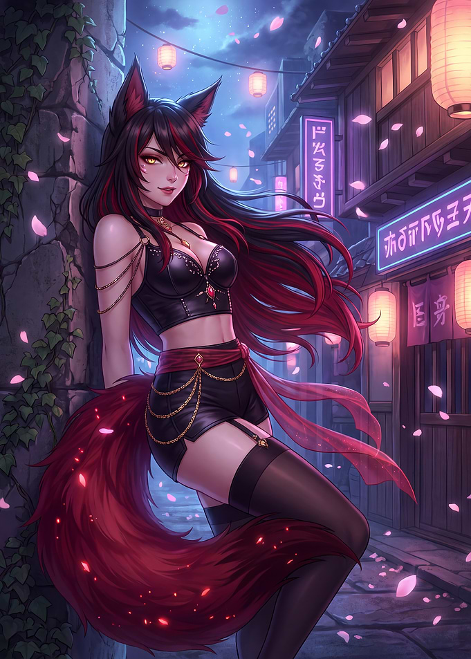 Anime Fox Girl in Night Alley