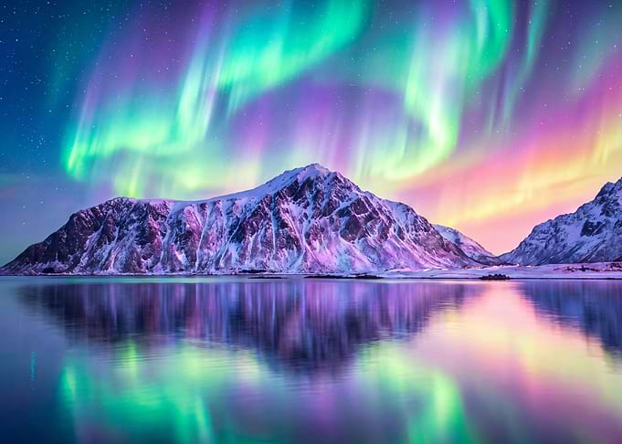 Vibrant Aurora Borealis Over Snowy Mountains