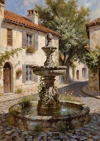 European Village Square Fountain Painting
