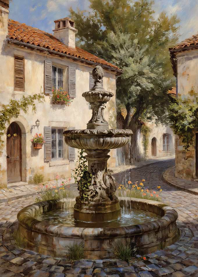 European Village Square Fountain Painting