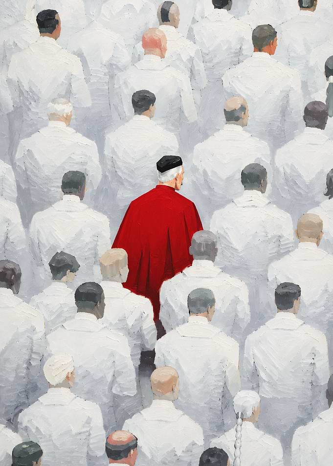 Omni-Man in Red Among White Crowd