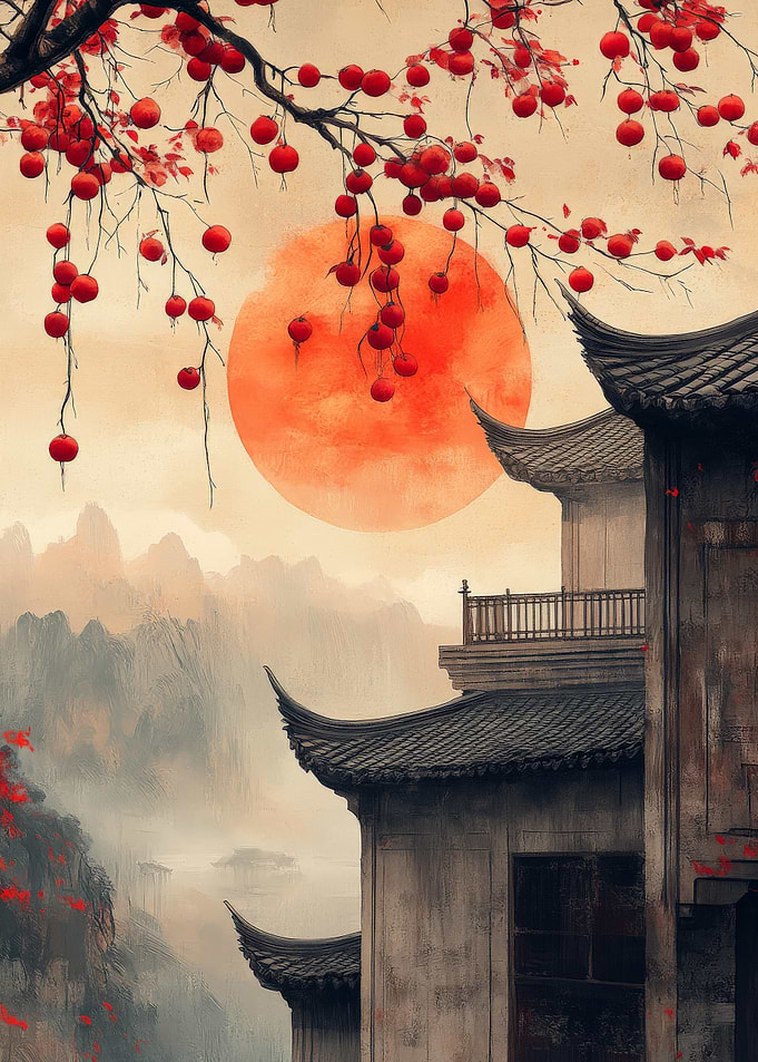 Traditional Asian Architecture with Red Sun