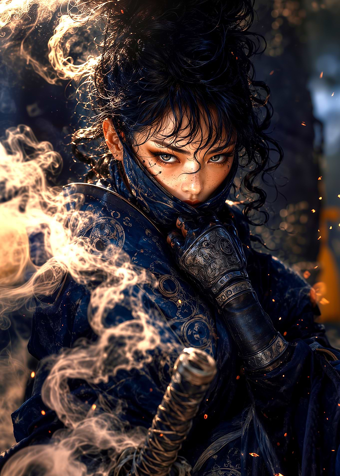 Mysterious Female Ninja in Blue Armor