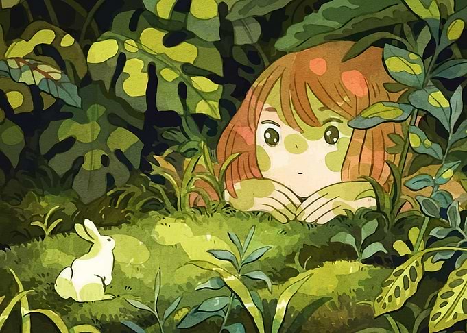 Girl Watching a Rabbit in Nature