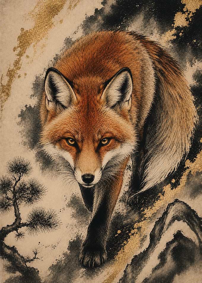 Japanese Red Fox Wall Art Traditional Ink Painting