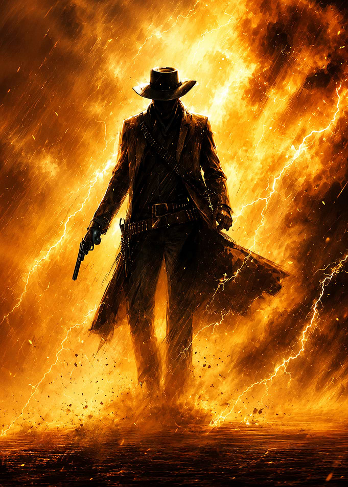 Cowboy Silhouette in Lightning Storm