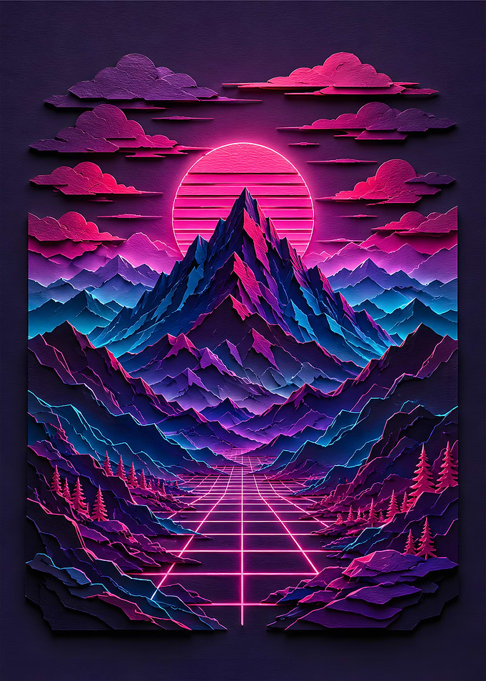Cyberpunk Neon Mountain Synthwave Papercraft