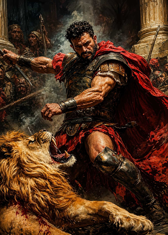 Roman Gladiator Fighting a Lion