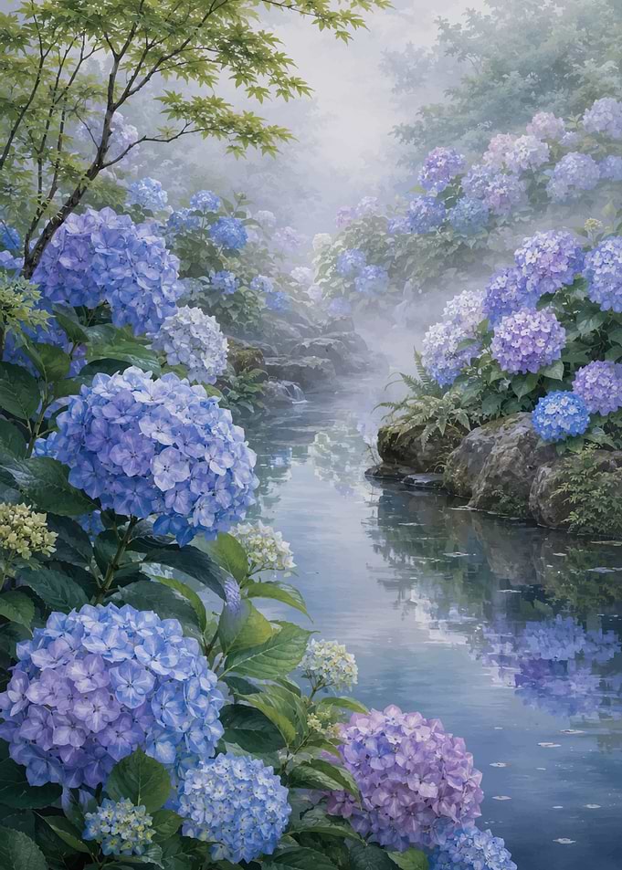 Misty Hydrangea Garden Stream
