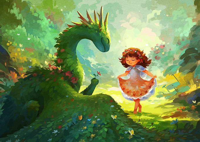 Girl and Forest Dragon Friendship