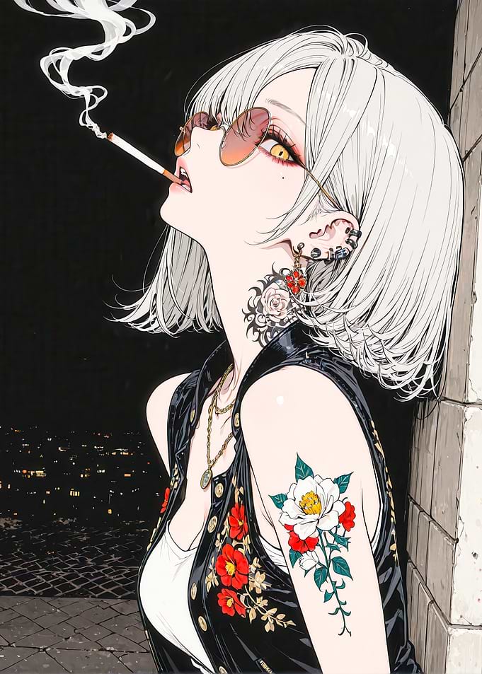 Edgy Anime Girl with Floral Tattoos