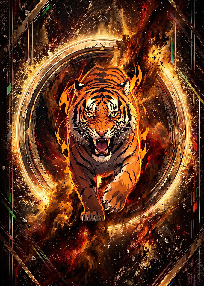 Fierce Tiger Emerging From Fire
