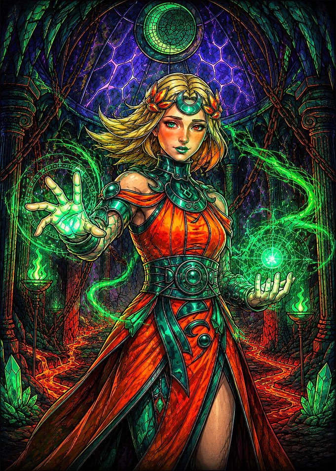 Sorceress Casting Green Magic Spells