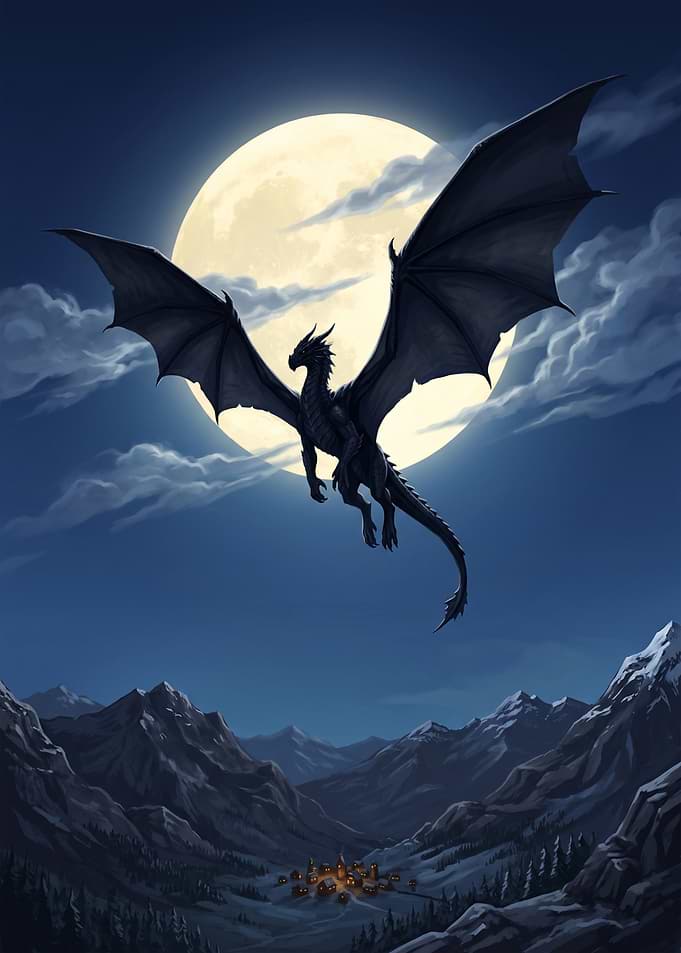 Black Dragon Flying Over Mountain Village