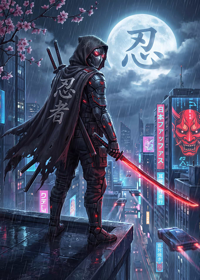 Cyberpunk Ninja Overlooking Neon City