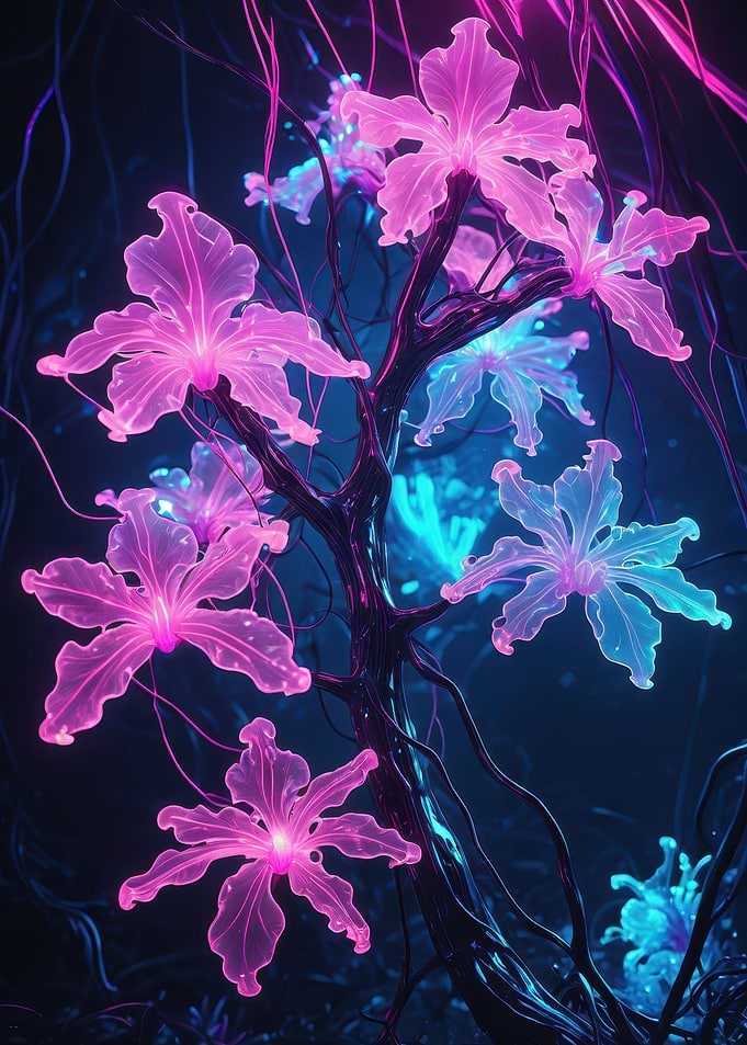 Neon Bioluminescent Flowers on Twisted Luminous Branch