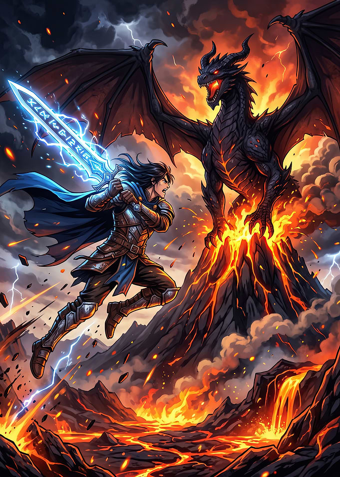 Knight Battling Dragon at Volcano
